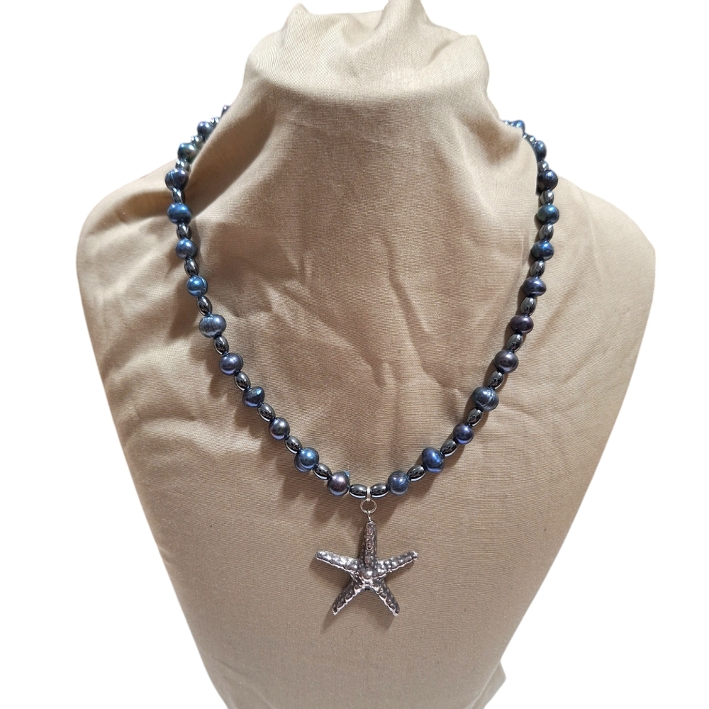 Handmade Fresh Water Pearls Hematite Beaded 925 Starfish Pendant Necklace 16"